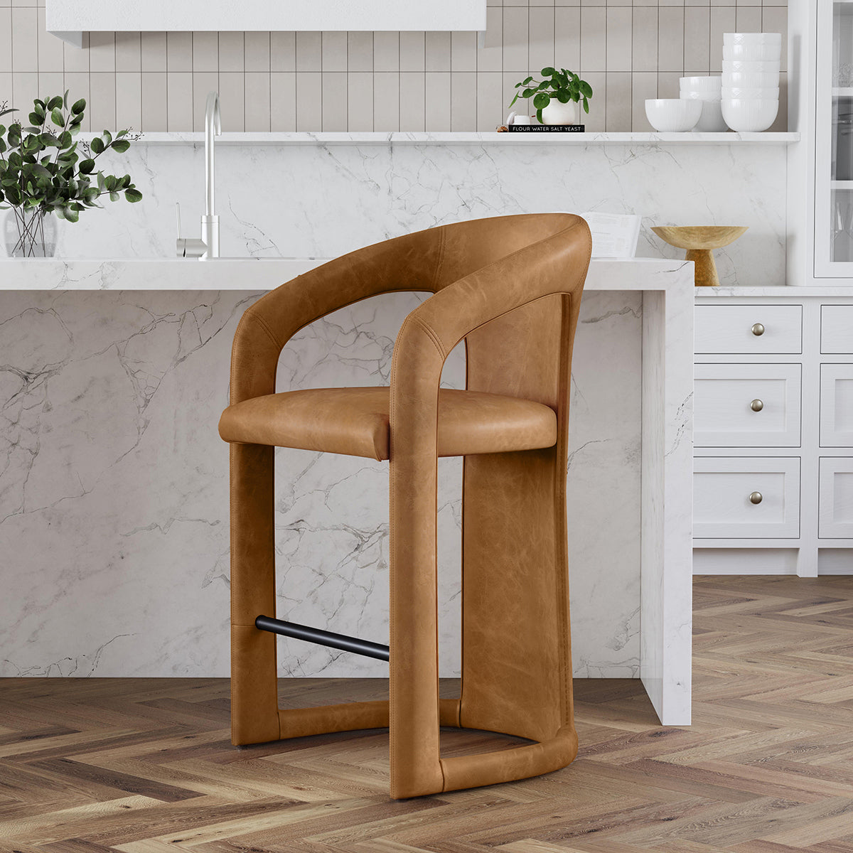 Maple Brown Supple Leather Counter Stool