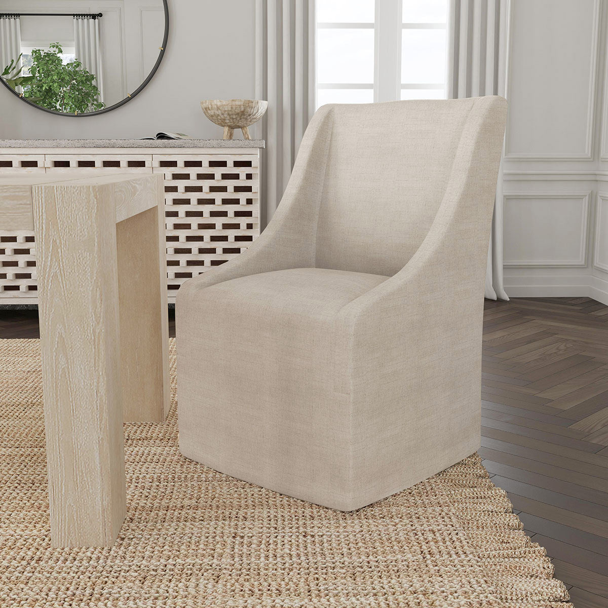 Oatmeal Upholstered Rolling Dining Chair