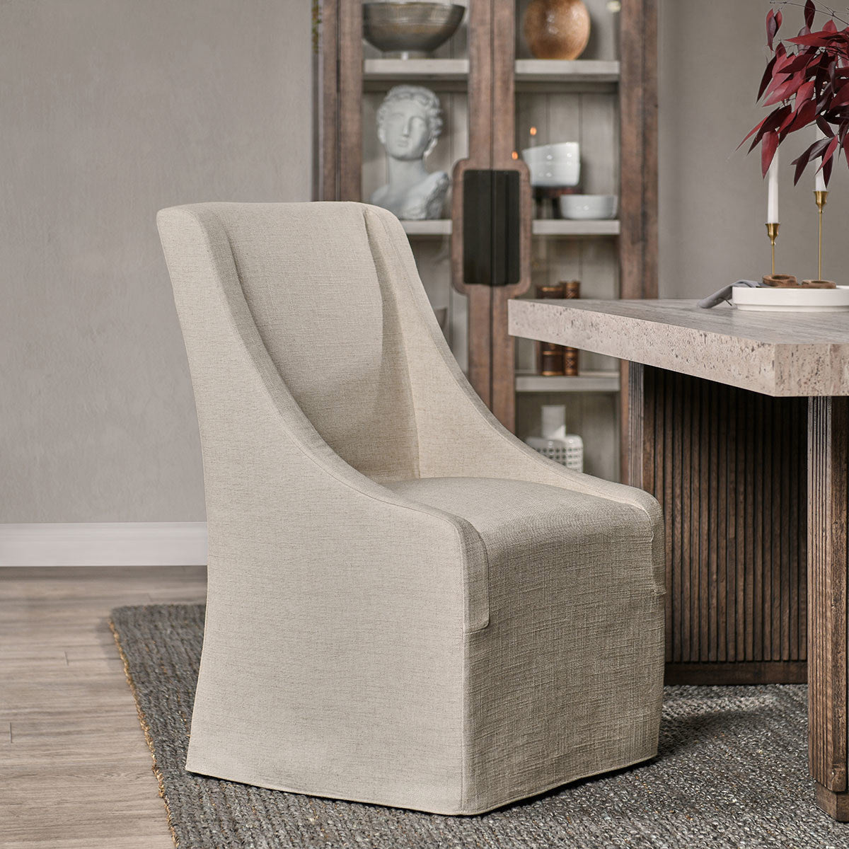 Oatmeal Upholstered Rolling Dining Chair
