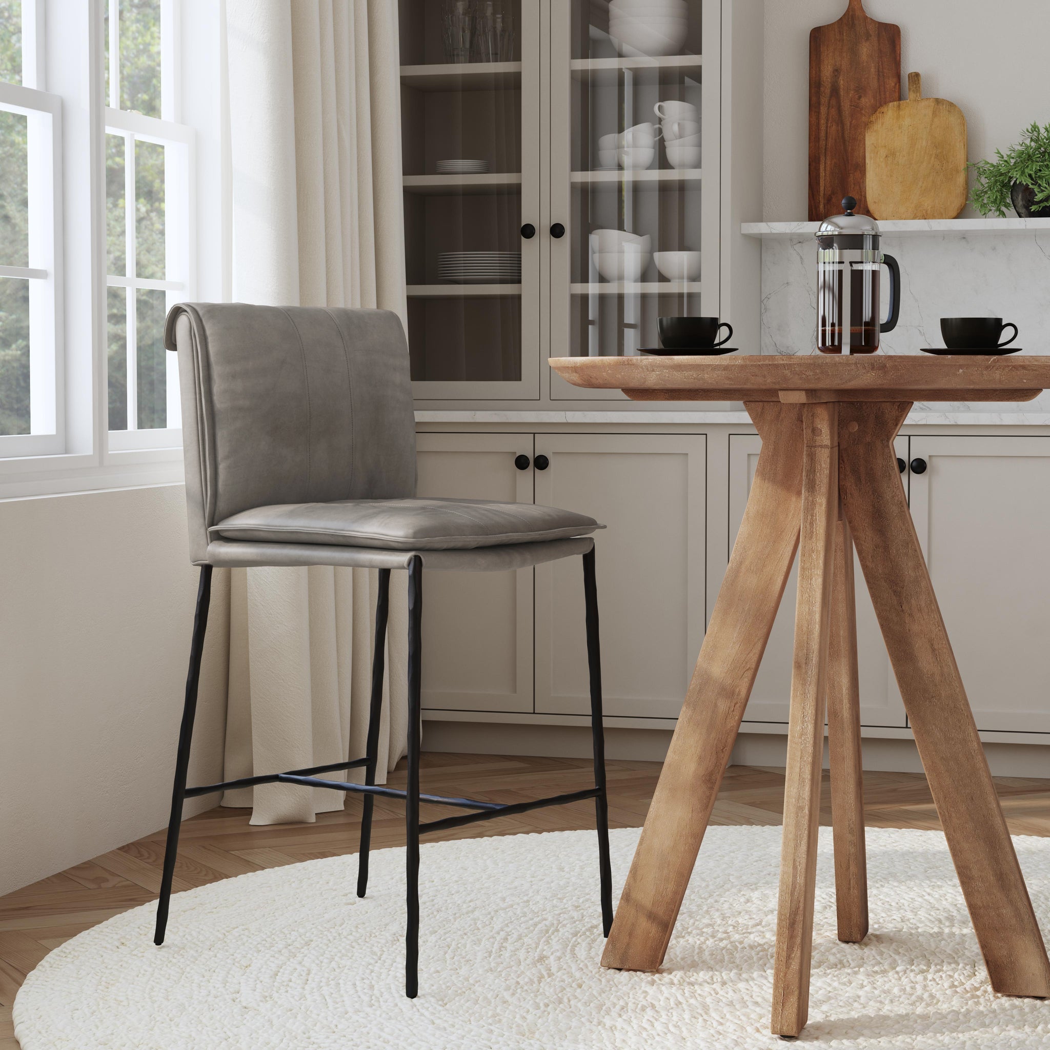 Pewter Gray Leather Counter Stool