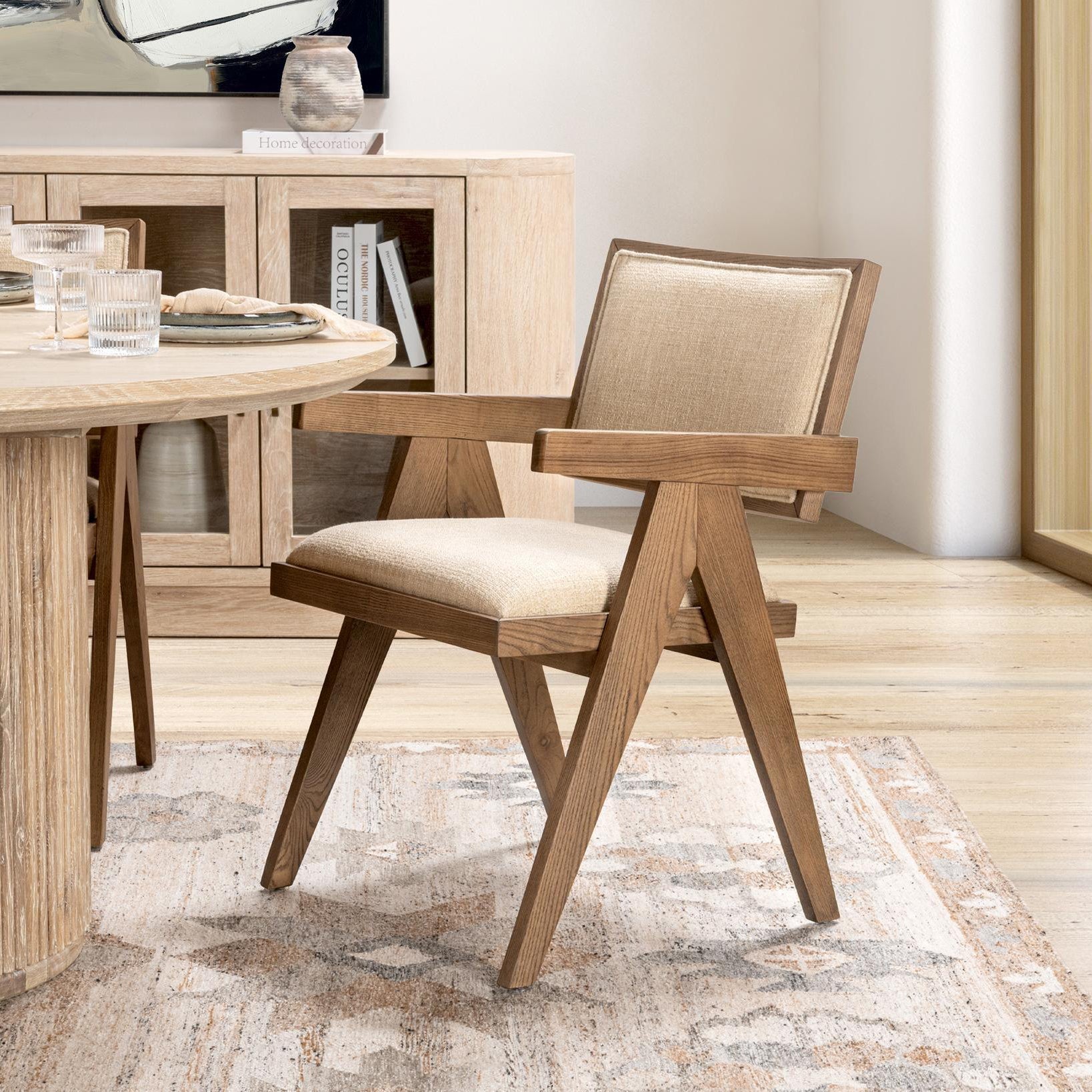 Beige Upholstered Dining Armchair