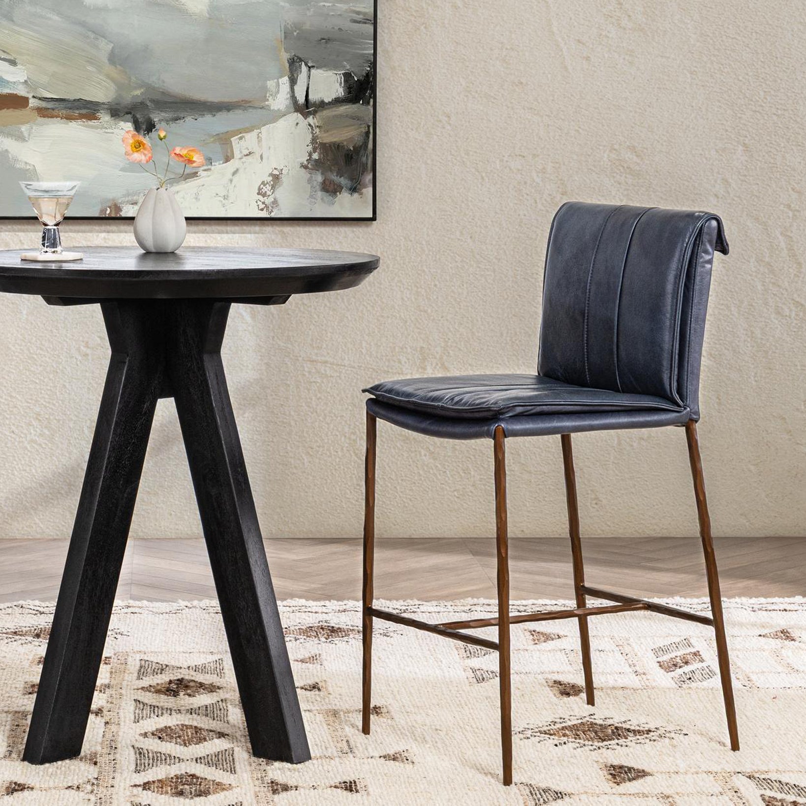 Supple Leather Counter Stool - Ocean Blue