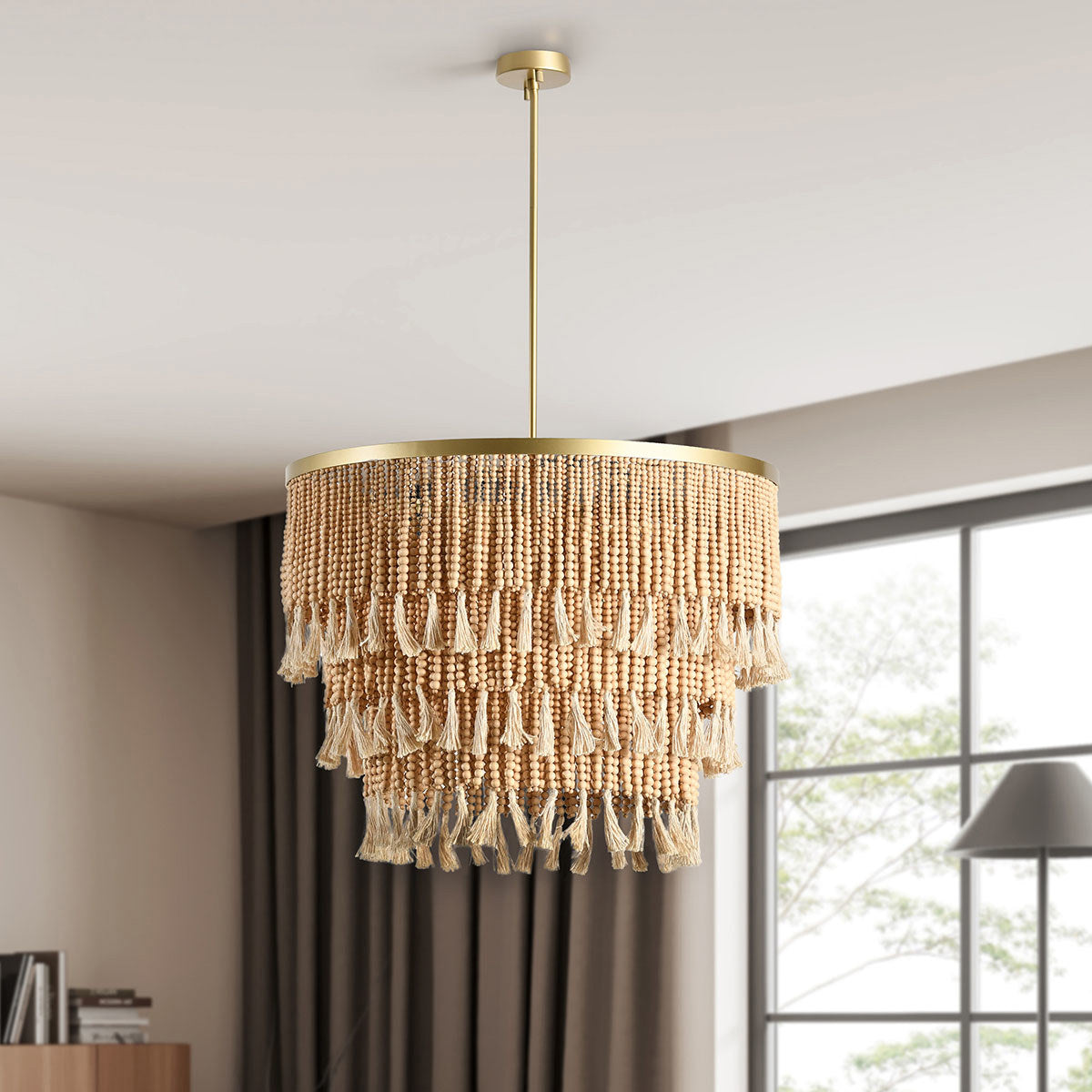Bohemian Wood Beaded Round Chandelier